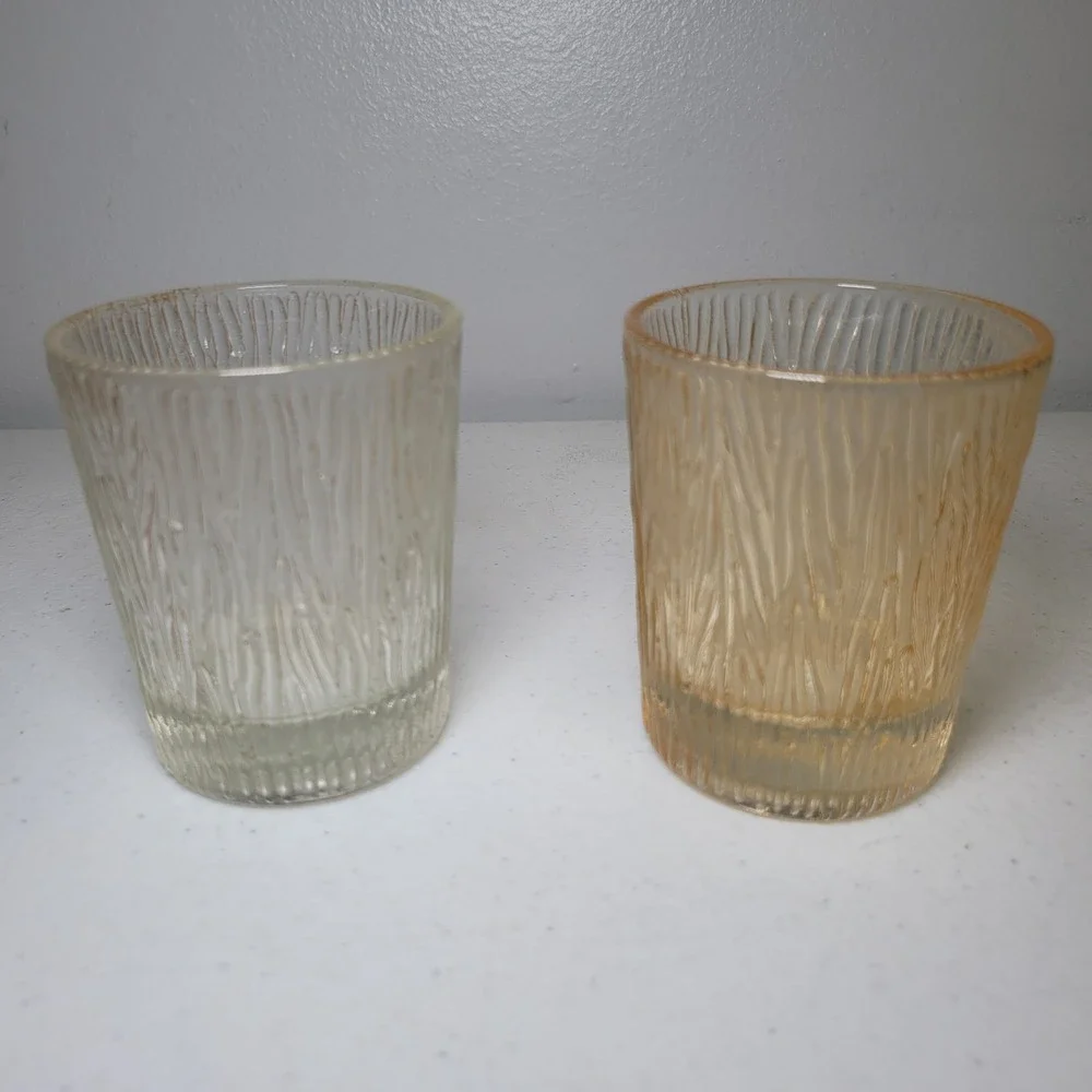 Vintage Bark Wood Rustic Textured Glass Tumblers Set of 2 Clear Amber
